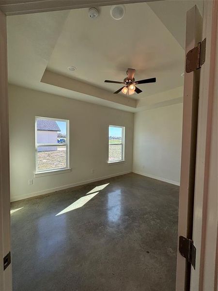 Spare room featuring a wealth of natural light, ceiling fan, and a raised ceiling