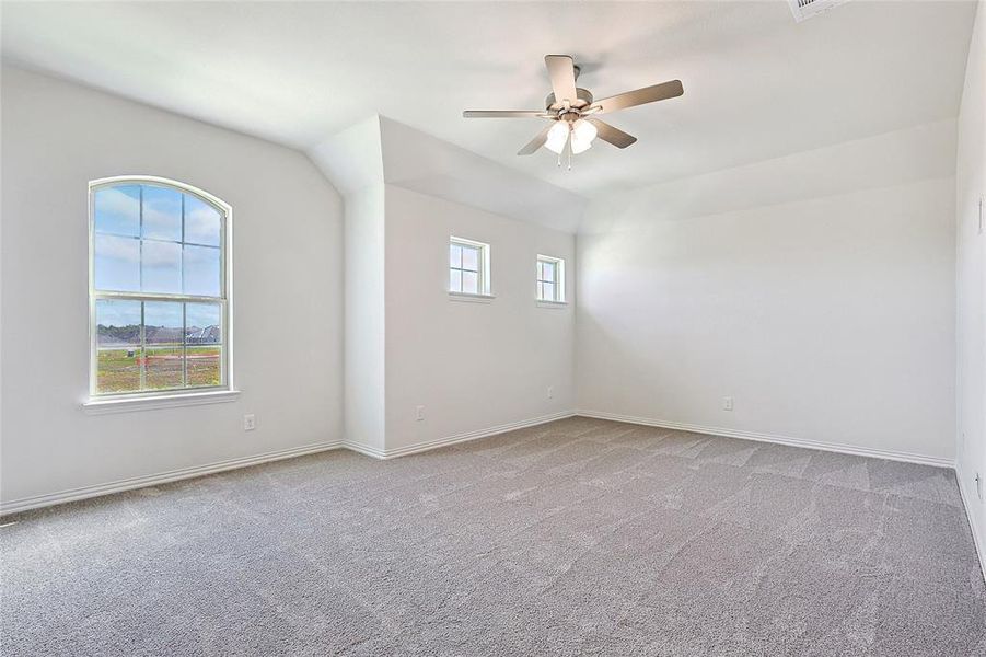 Empty room with a wealth of natural light, light colored carpet, and ceiling fan