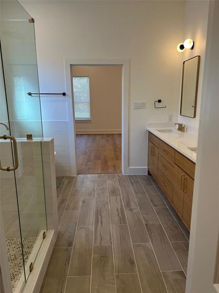 Bathroom with vanity, hardwood / wood-style flooring, and a shower with door