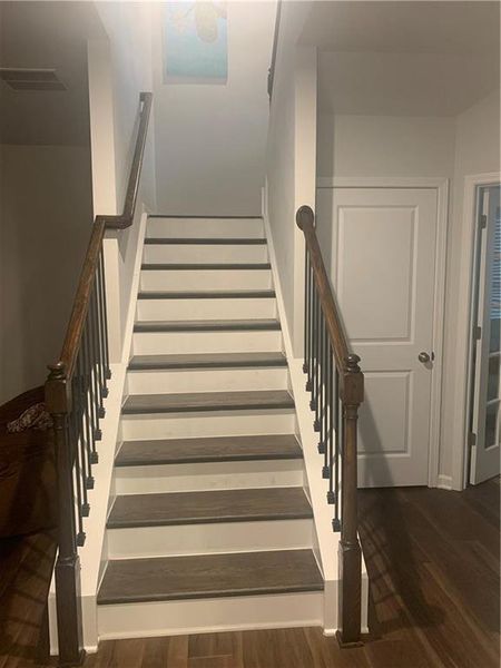 Staircase featuring dark hardwood / wood-style flooring