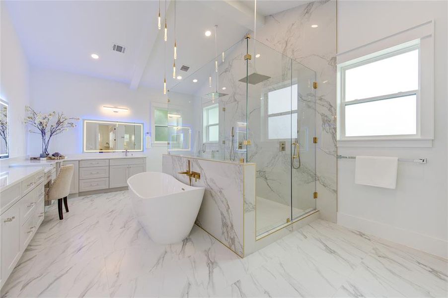 Jaw-dropping Luxury Pri Bathroom with Huge Shower w/ Gold trims from floor to top. What a Masterpiece craftmanship!