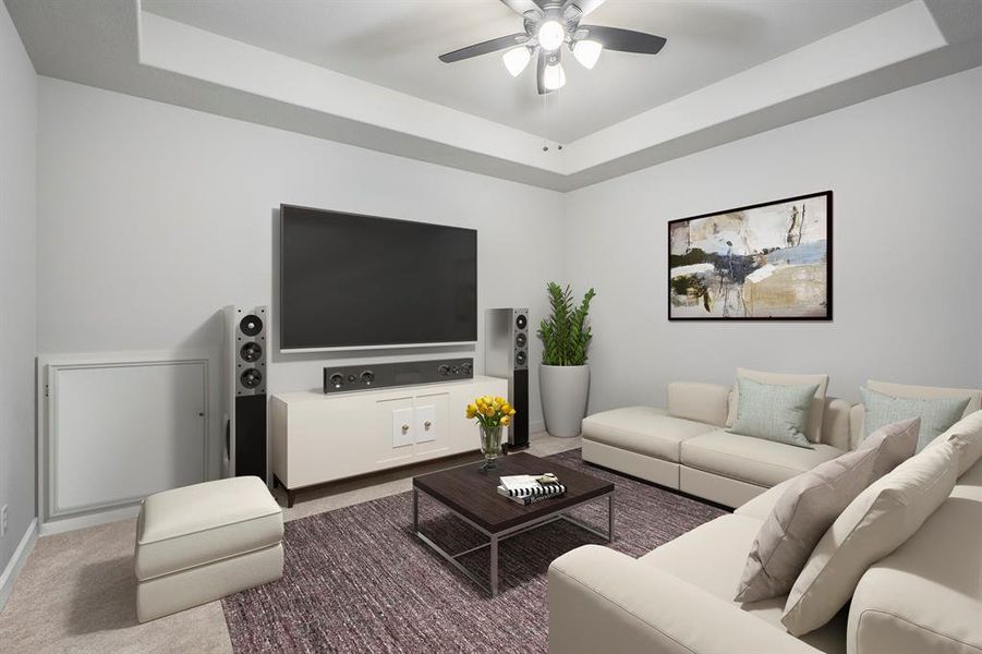 Grab the popcorn, put on a movie, and enjoy a wonderful evening in your amazing media room! Featuring plush carpet, high ceilings, and ceiling fan, which makes this the perfect room for relaxing! *This room has been virtually staged