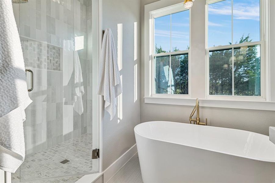 Bathroom featuring a wealth of natural light and separate shower and tub