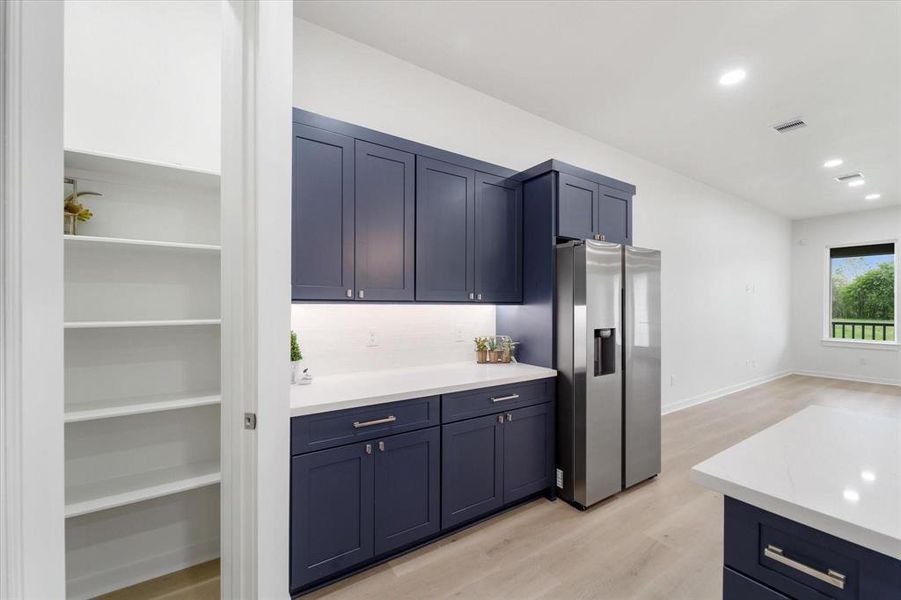 Quartz countertops, Midnight blue soft close cabinets, stainless steel appliances, Undermount cabinet lighting, walk in pantry, pre wired for home security, entertainment, internet,ceiling accent lighting.