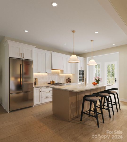 The kitchen rendering showcases high end finishes