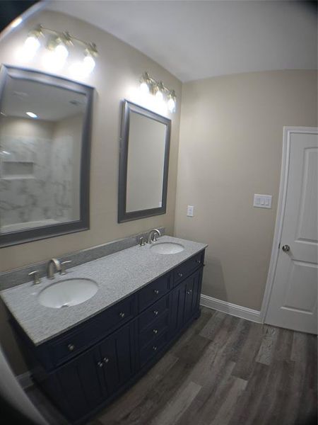 Bathroom with hardwood / wood-style floors and vanity