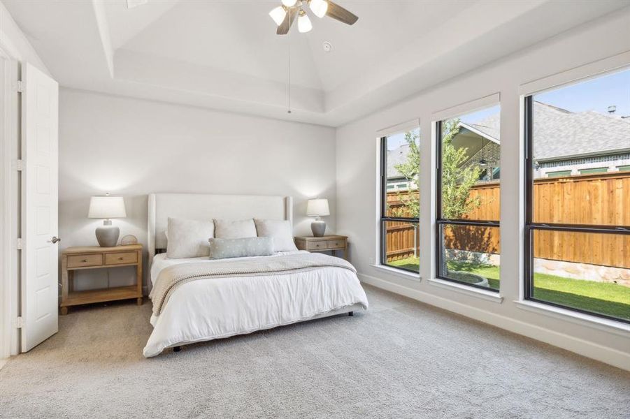 Carpeted bedroom featuring a tray ceiling and ceiling fan