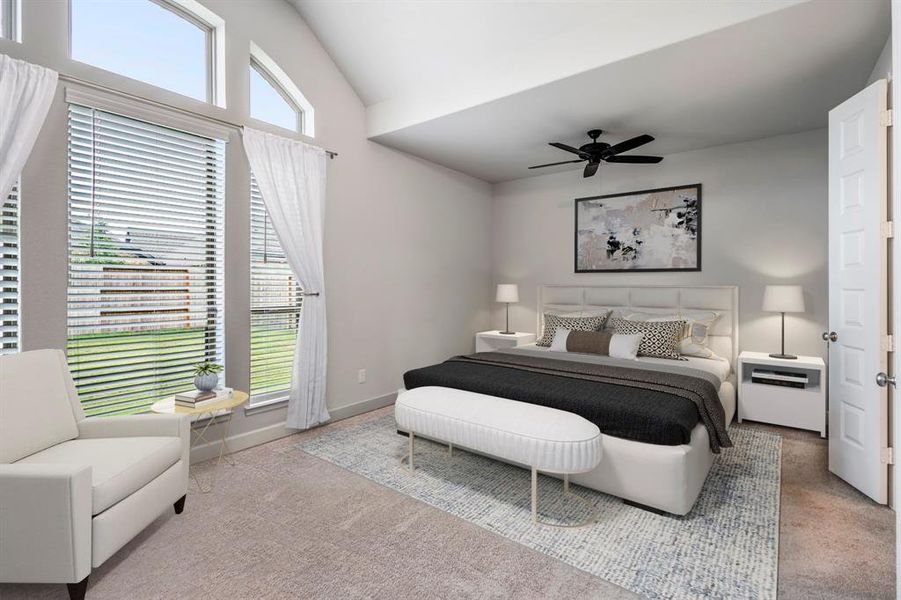 The primary bedroom welcomes you with bright natural light, high ceilings, and large windows letting in natural light. It sits at the back of the home offering additional privacy and easily fits a king size bed plus furniture! *This room has been virtually staged