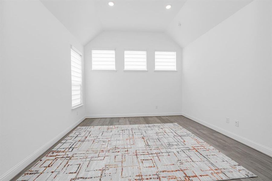 Unfurnished room with vaulted ceiling and wood-type flooring