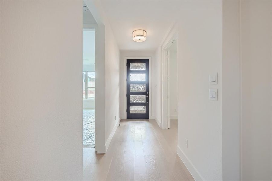 Foyer with light hardwood / wood-style floors and modern entry door