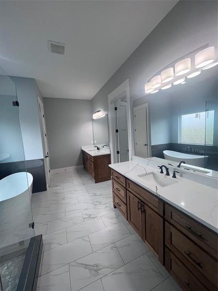 Bathroom with vanity and separate shower and tub