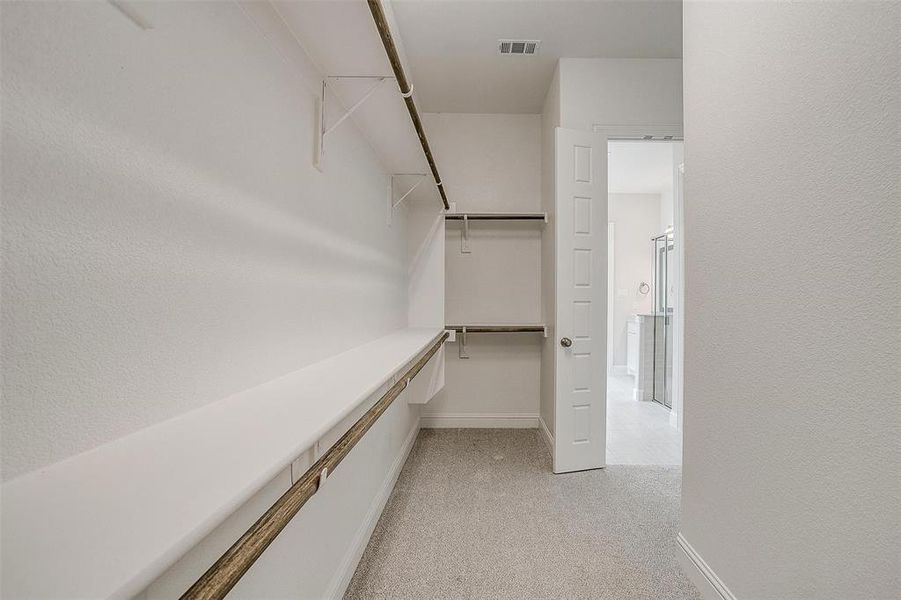 Walk in closet with light carpet