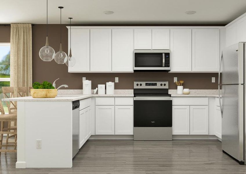 Rendering of a kitchen with white
  cabinetry and stainless steel appliances.