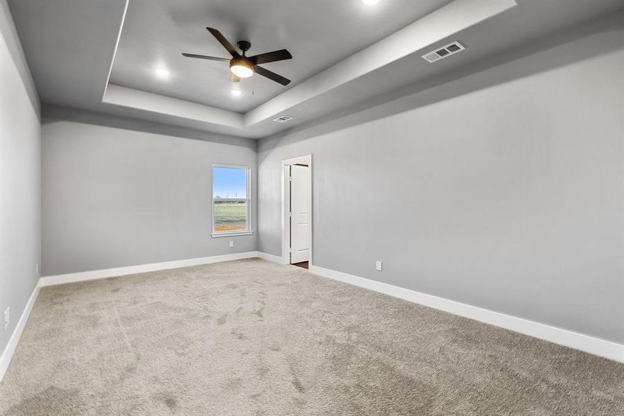 Unfurnished room with a tray ceiling, ceiling fan, and carpet