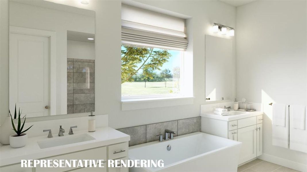 With his and her vanities, this owner's bath offers plenty of space for two!  VIRTUALLY STAGES RENDERING