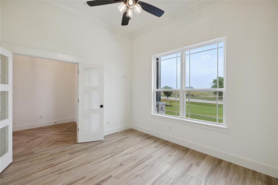 Empty room featuring ceiling fan, light hardwood / wood-style flooring, crown molding, and a wealth of natural light