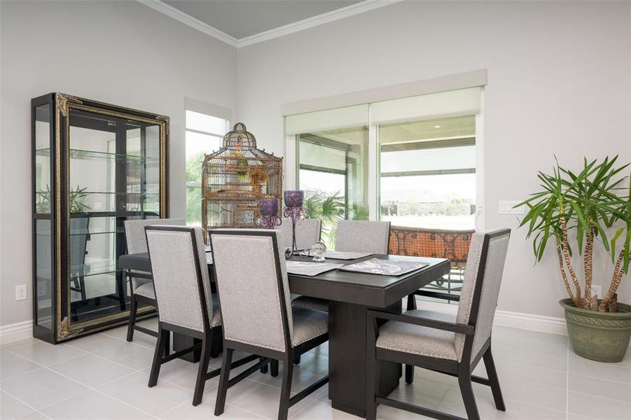 Dining space featuring light tile patterned floors, a wealth of natural light, and crown molding