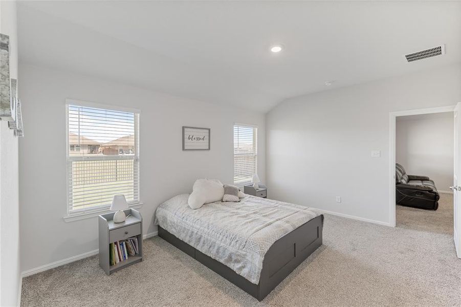 Carpeted bedroom with lofted ceiling