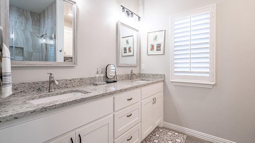 Bathroom with walk in shower and vanity