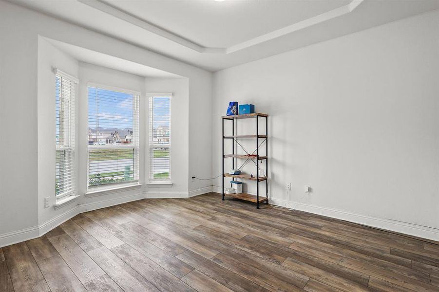 Unfurnished room with hardwood / wood-style flooring and a raised ceiling