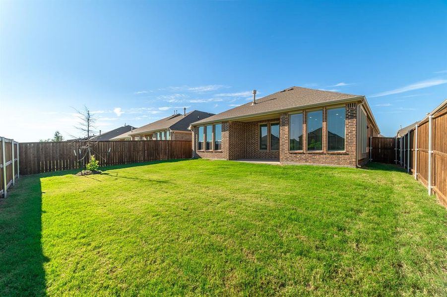 Rear view of property with a patio and a lawn