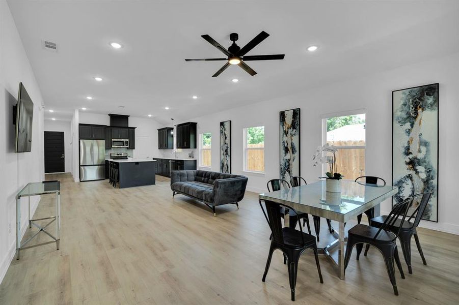 Dining room featuring light hardwood / wood-style floors and ceiling fan