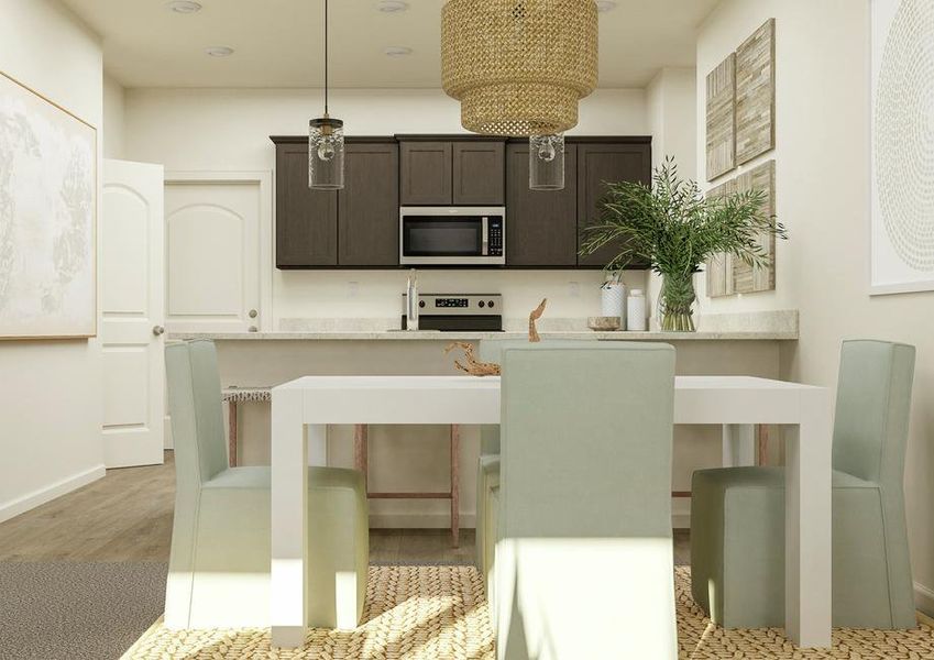 Rendering of the
  dining area with a view of the kitchen in the background.
