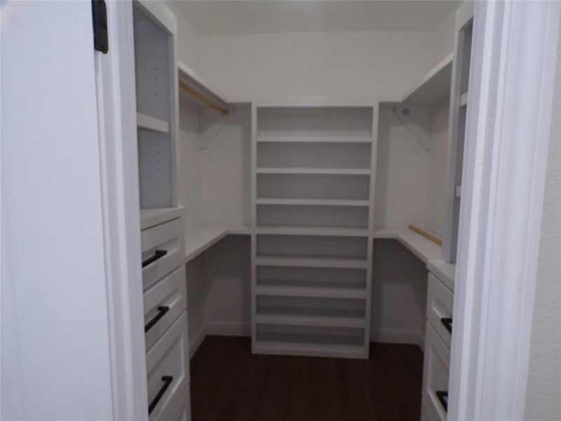 Spacious closet featuring dark wood-type flooring and radiator heating unit