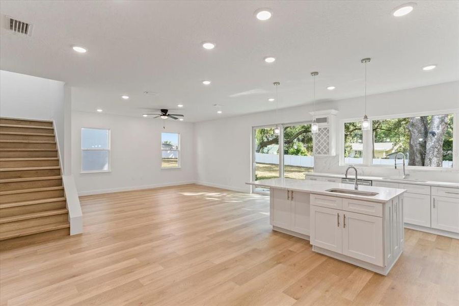 Kitchen and Large Great Room with 8ft Sliding Doors