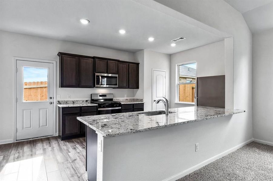 Kitchen featuring light carpet, dark brown cabinetry, light stone counters, stainless steel appliances, and sink