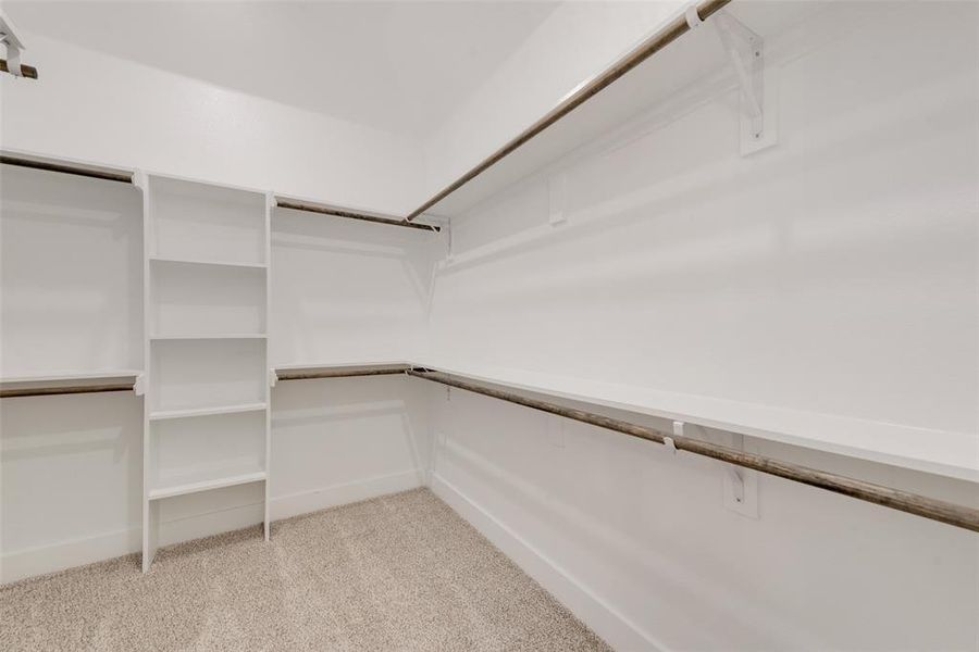 Walk in closet with light colored carpet