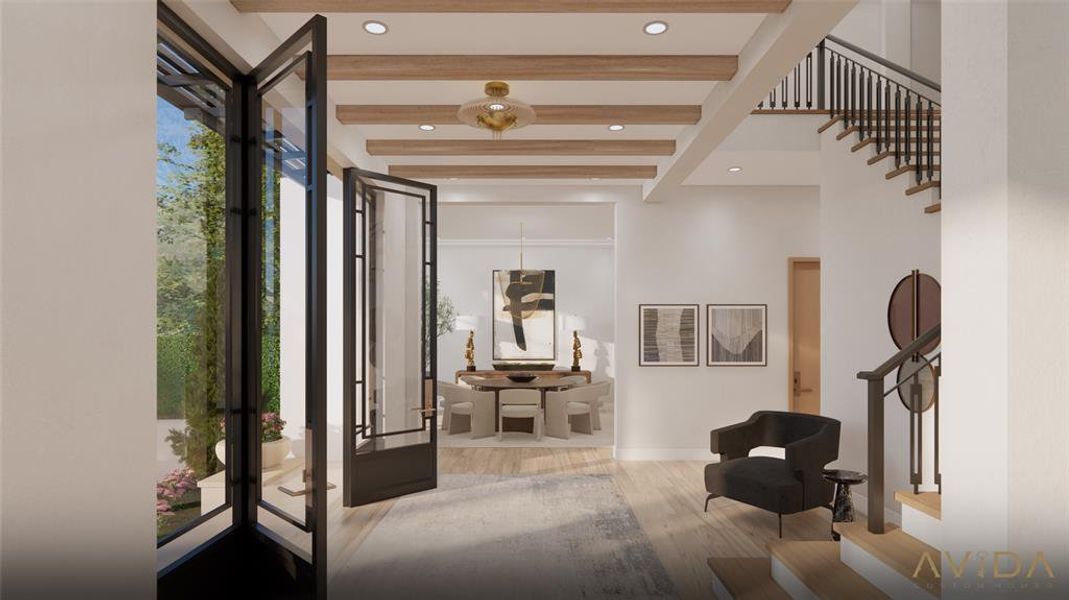 Foyer with white oak beamed ceiling