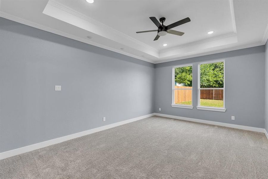Unfurnished room with ornamental molding, carpet floors, ceiling fan, and a raised ceiling