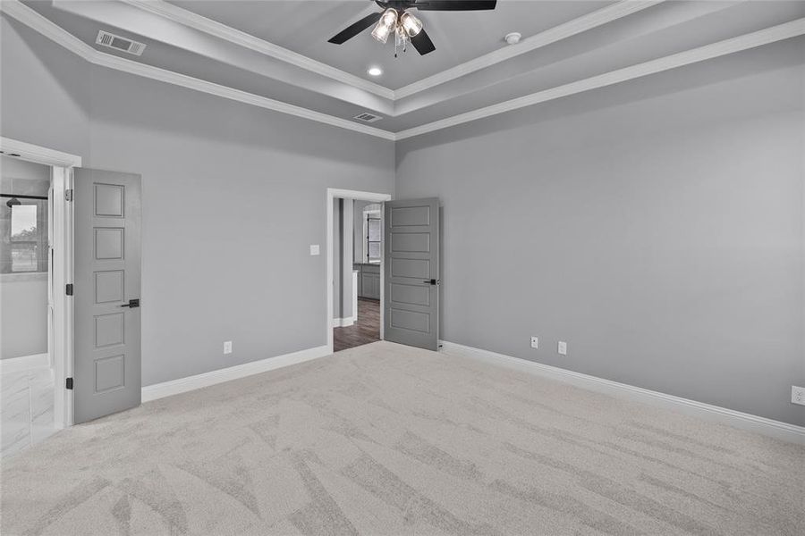 Carpeted spare room featuring a tray ceiling, ceiling fan, ornamental molding, and a towering ceiling