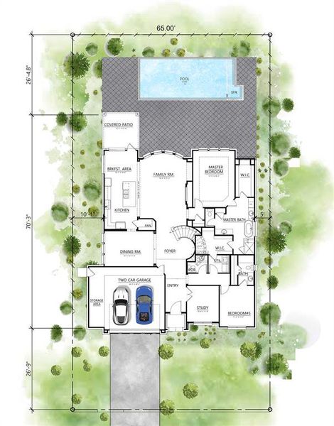 Artist Rendering of 1st Floor. Backyard pool and sod not included in home.