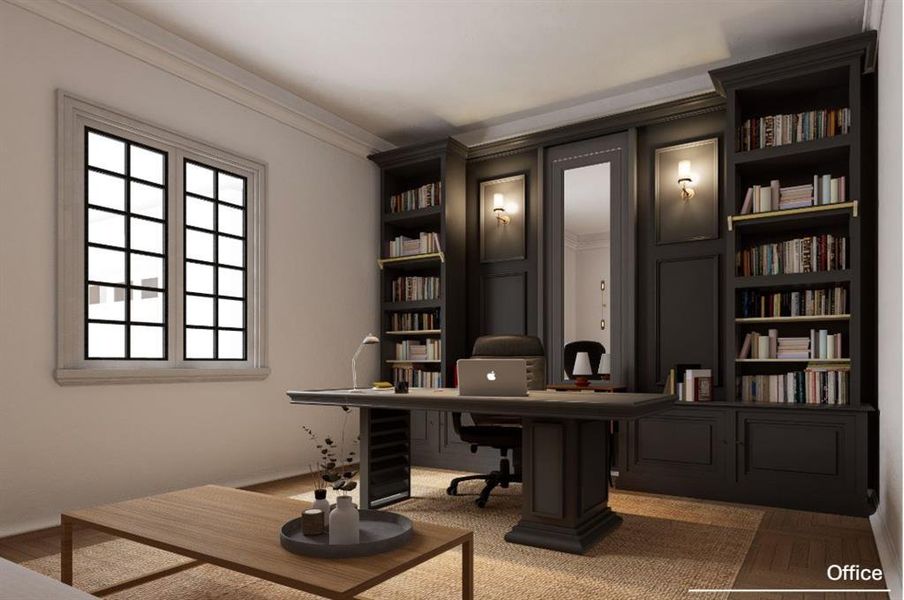Office with ornamental molding, plenty of natural light, and parquet flooring