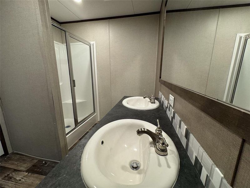 Bathroom with a shower with door, hardwood / wood-style floors, and dual sinks