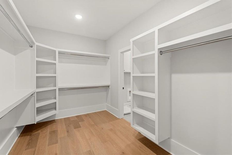 Spacious closet featuring light hardwood / wood-style flooring