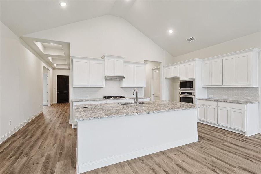 Kitchen with light wood-type flooring, sink, white cabinetry, stainless steel appliances, and a center island with sink