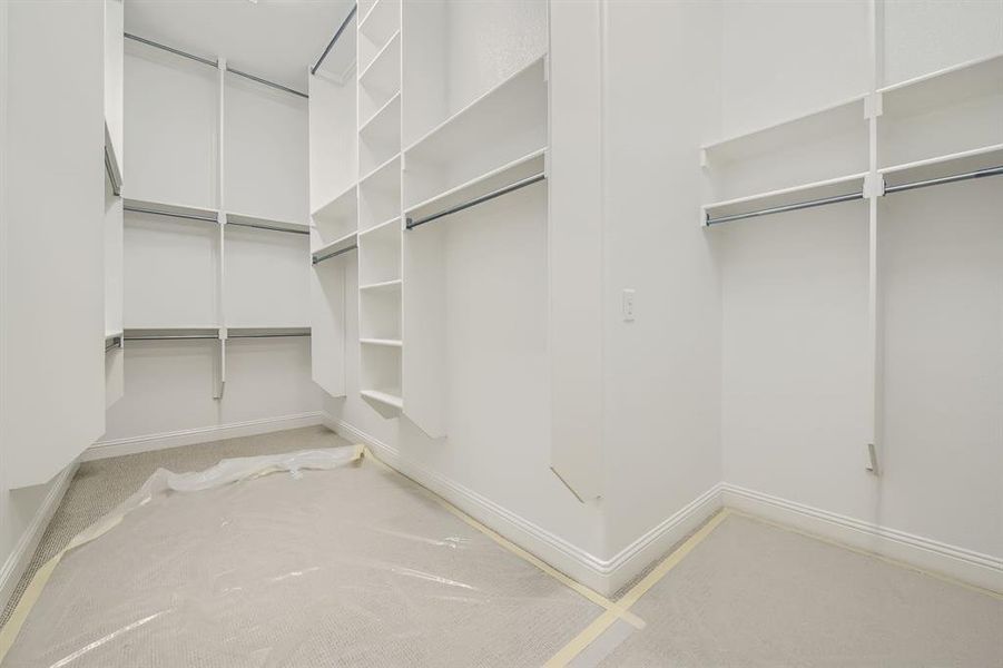 Walk in closet with light colored carpet