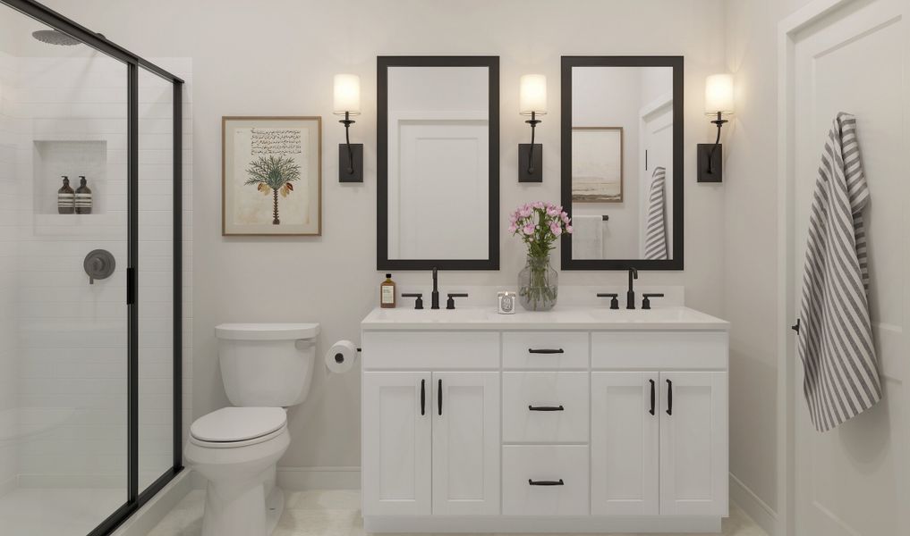 Primary suite bathroom with matte black fixtures and hardware