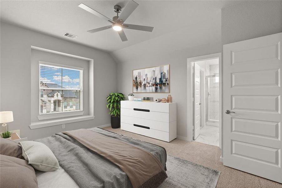 Secondary bedroom features plush carpet, custom paint, ceiling fan with lighting, large window with privacy blinds and access to a private bath.