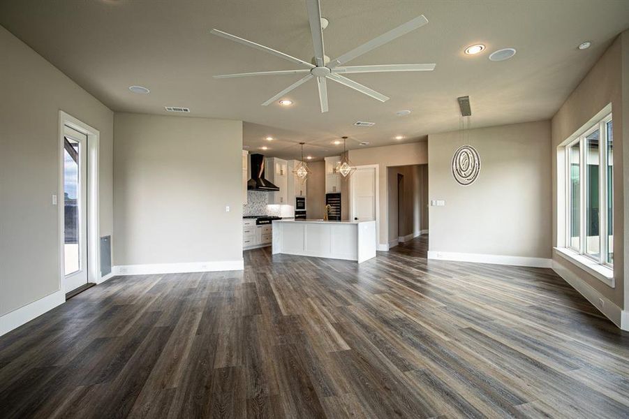 View from family looking into kitchen & dining area