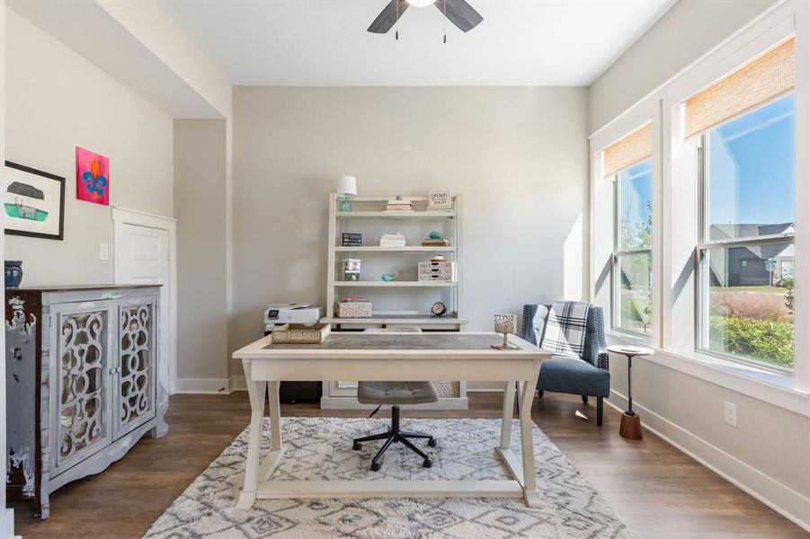 Private sun filled office with views of the front yard. This office features a deep closet, glass French doors, custom shades and trimmed out windows.