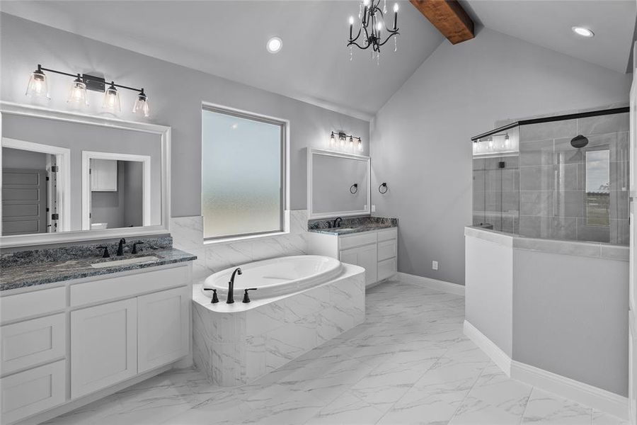 Bathroom featuring lofted ceiling with beams, tile patterned flooring, separate shower and tub, a chandelier, and double sink vanity