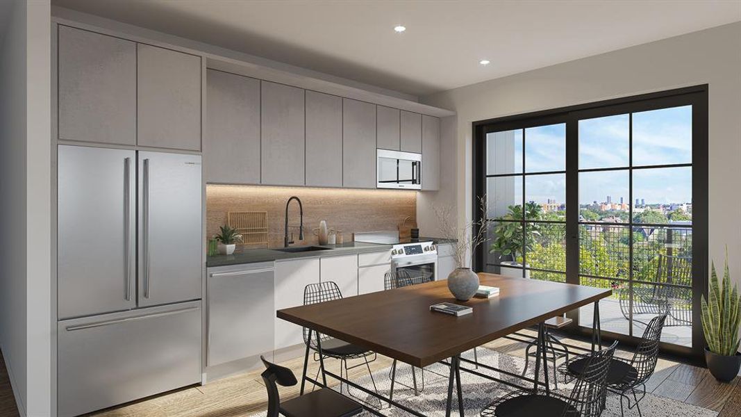 Chefs will love the open kitchen featuring sleek cabinetry and upscale stainless steel appliances. The dark design scheme boasts deep finishes for a dramatic, moody aesthetic.