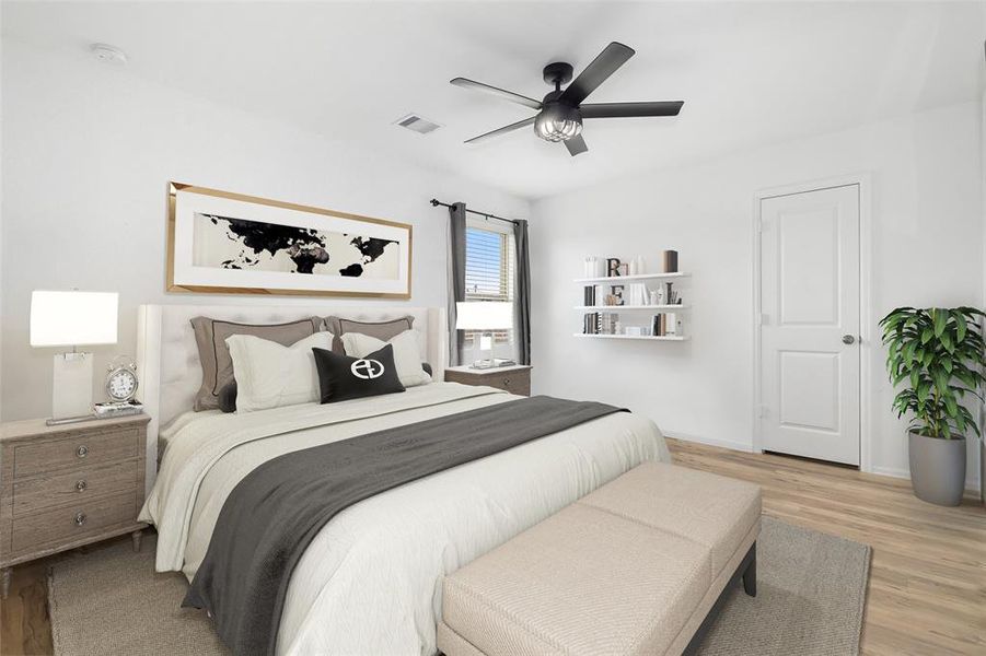 What a wonderful place to come home to, this stunning bedroom greets you with gorgeous wood floors, a warm neutral paint, high ceiling, ceiling fan with lighting, lovely window with blinds allowing in natural light brightening up this spacious bedroom, with extra space for a seating area.