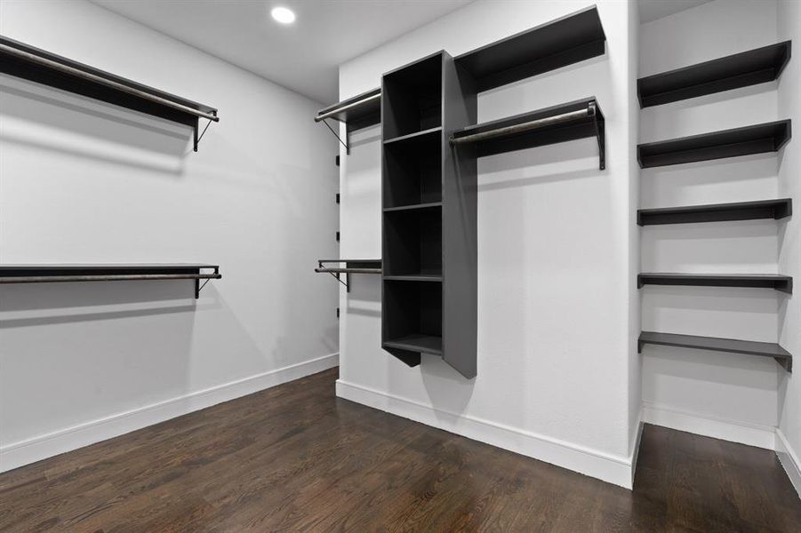 Spacious closet with dark wood-type flooring