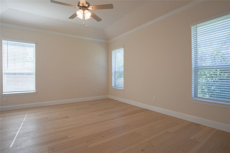 Unfurnished room featuring light hardwood / wood-style floors, crown molding, and ceiling fan