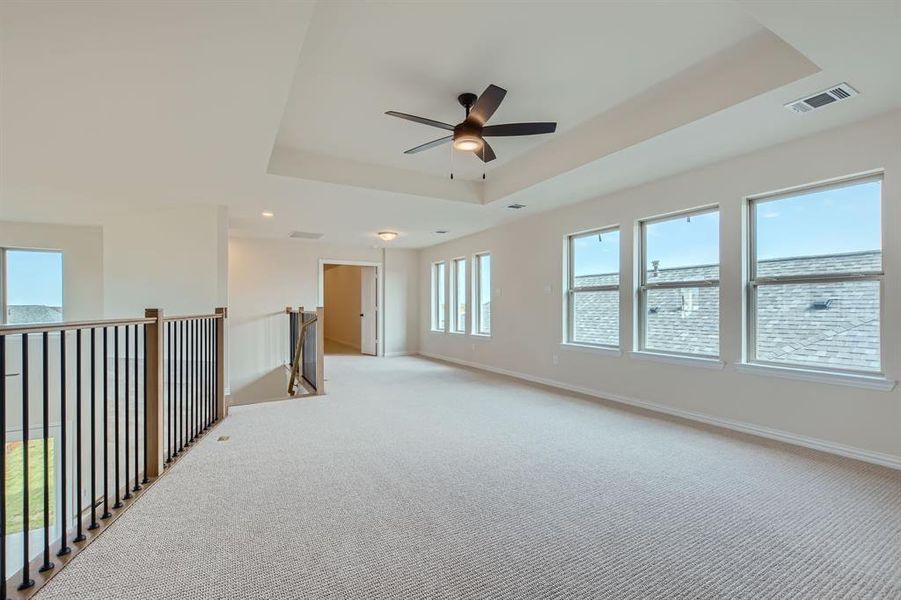 Carpeted spare room with ceiling fan and a tray ceiling